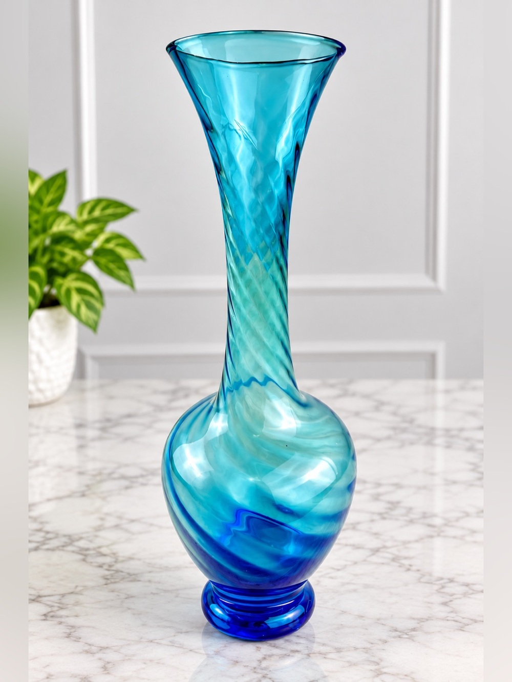 Teal Blue Glass Vase 8” Swirl Optic Flared Rim Decorative